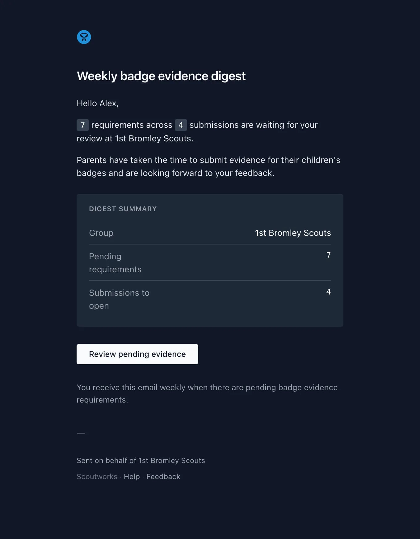 The badge evidence weekly digest email showing the number of requirements awaiting review and the submissions they came from, with a button to open the review queue