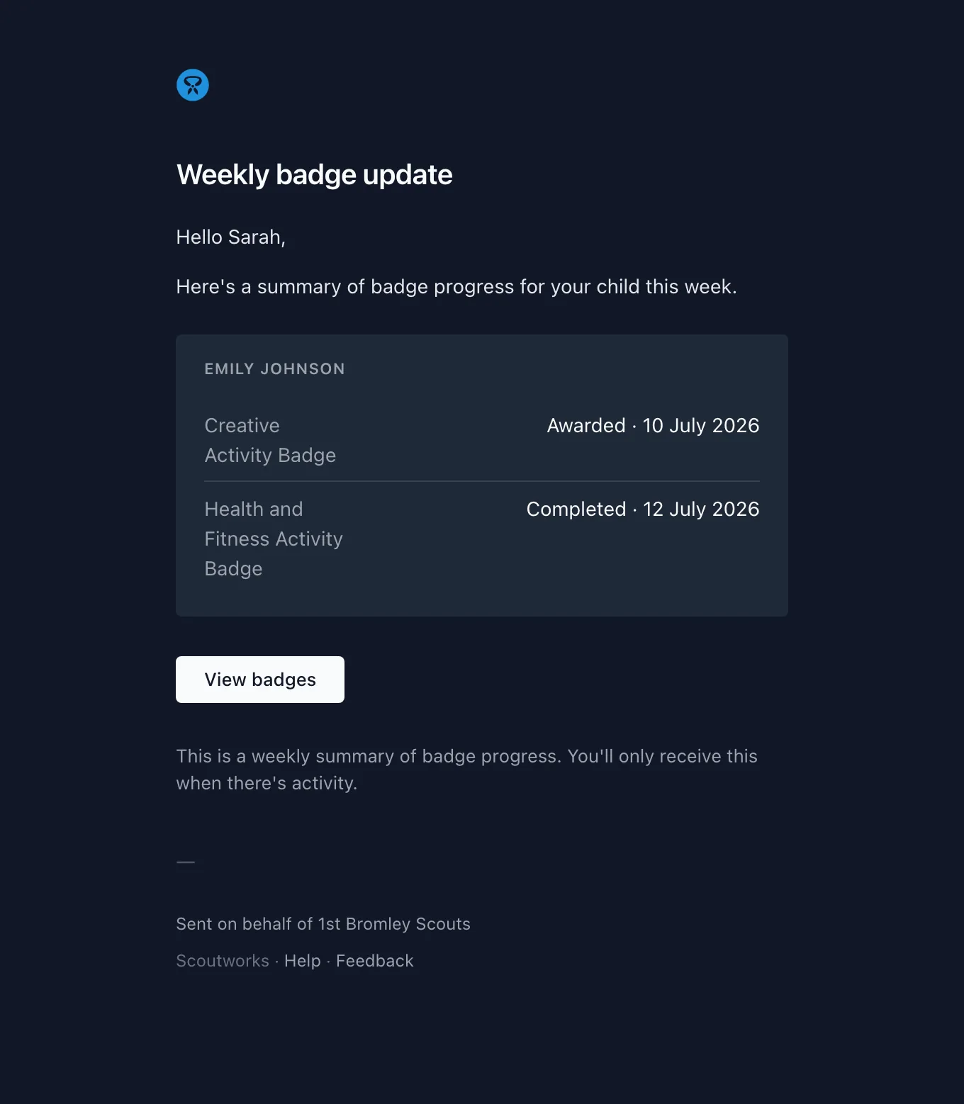 The weekly badge update email listing each child's badges awarded or completed that week, with dates