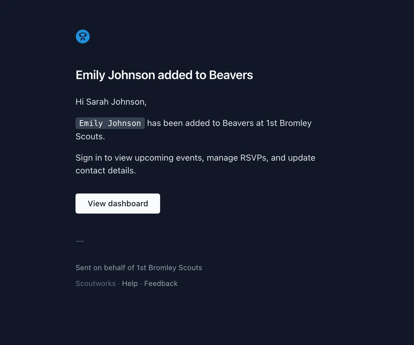 The child-linked email confirming which child has been added and to which section