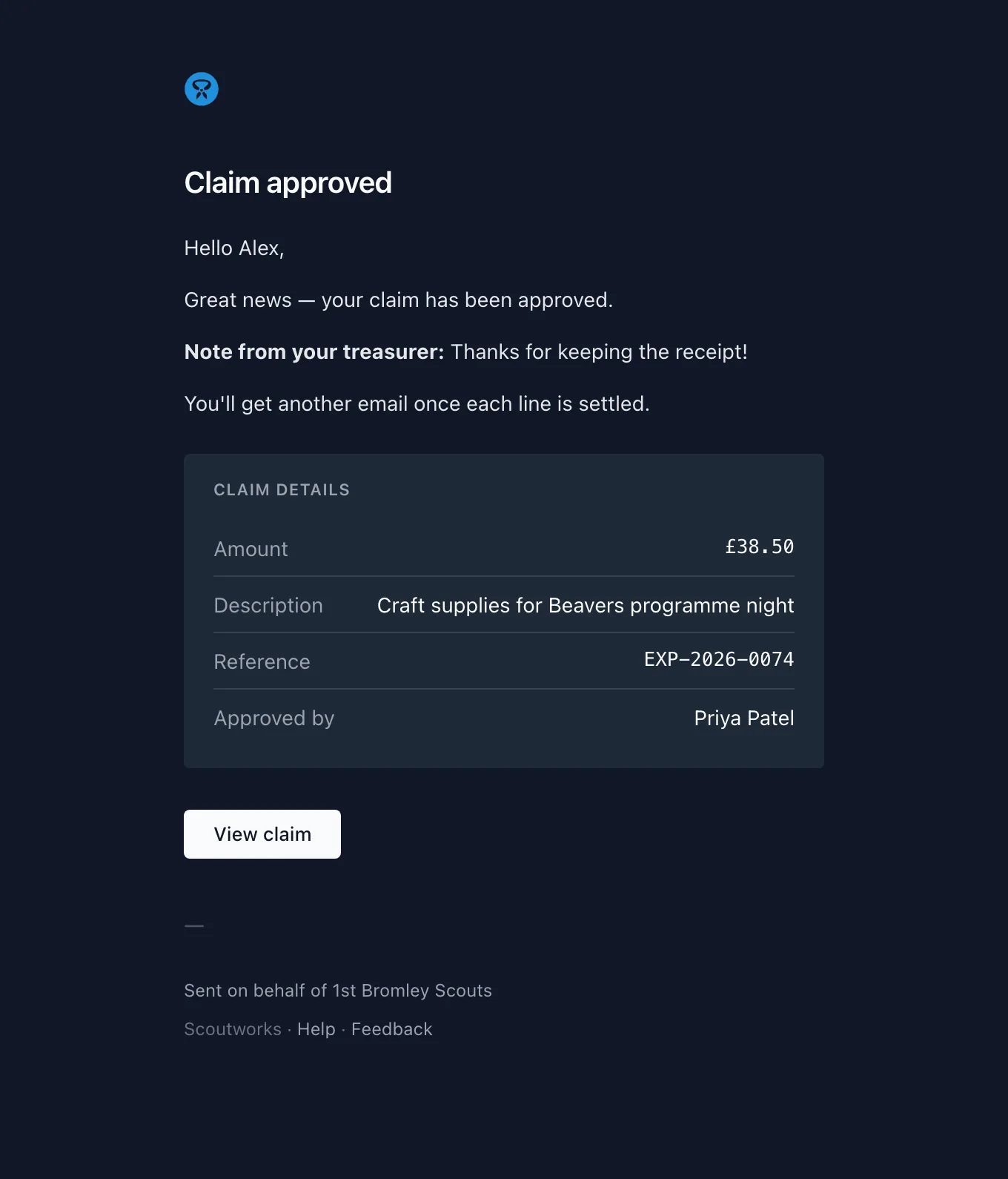 The claim approved email showing the amount, description, reference, who approved it, and any approval notes