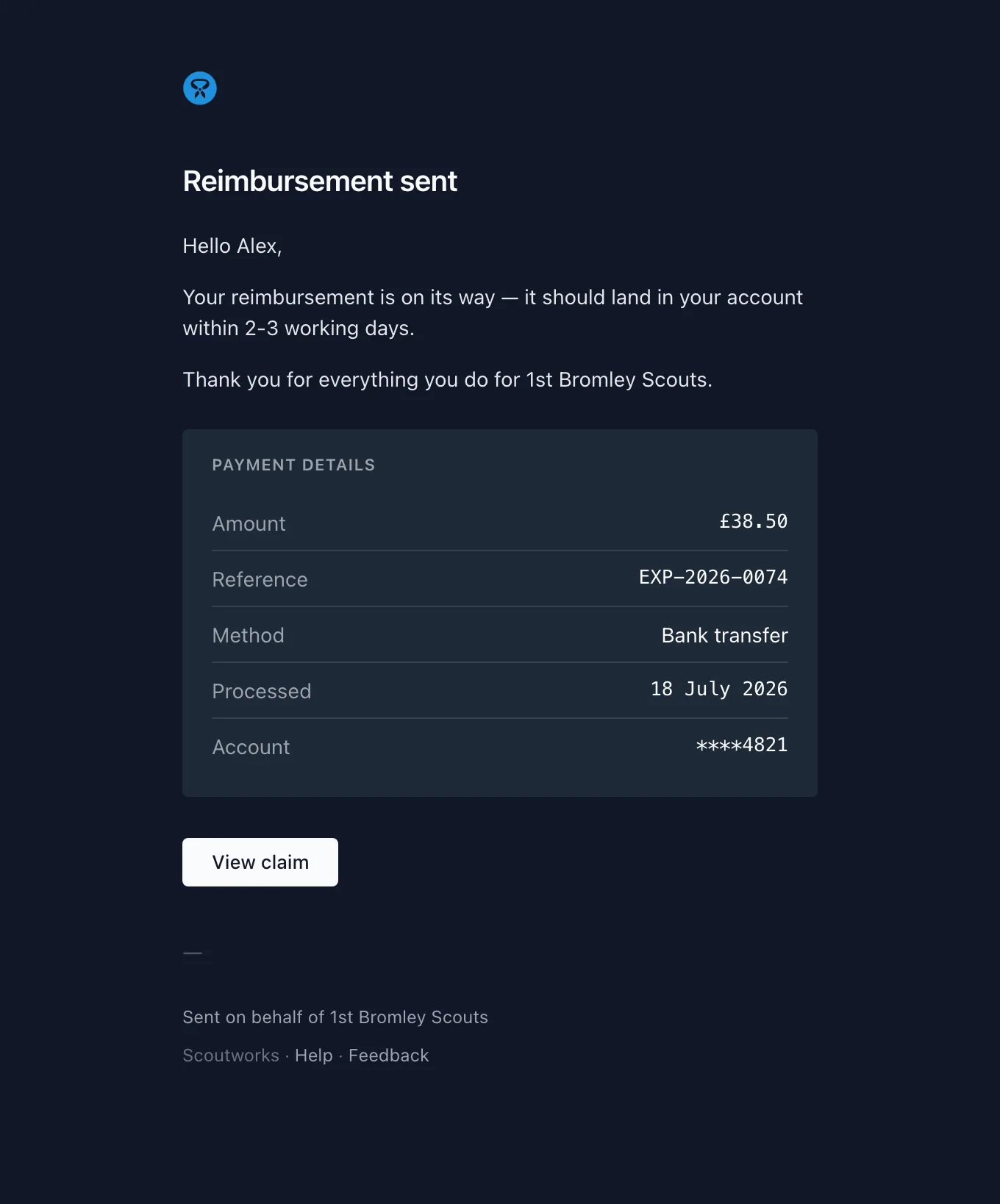 The reimbursement email confirming the amount, payment method, date processed, and the last four digits of the account paid