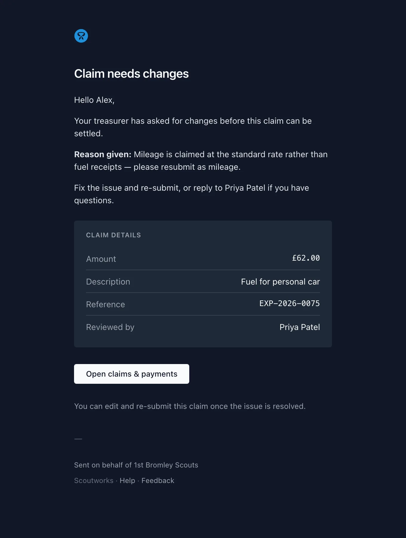 The claim rejected email showing the reason the approver gave, so the claimant knows exactly what to change