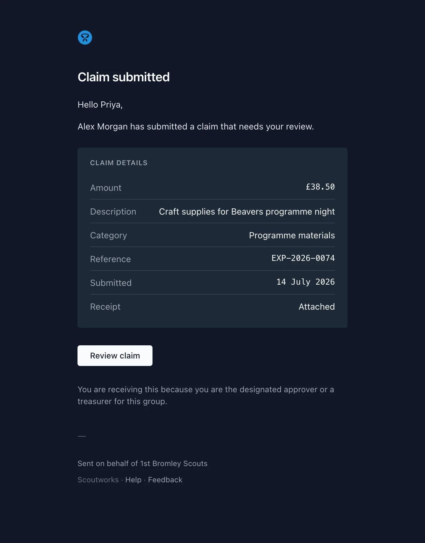 The email an approver receives when a claim is submitted — showing the claimant, amount, description, reference number, and whether a receipt is attached, with a review button