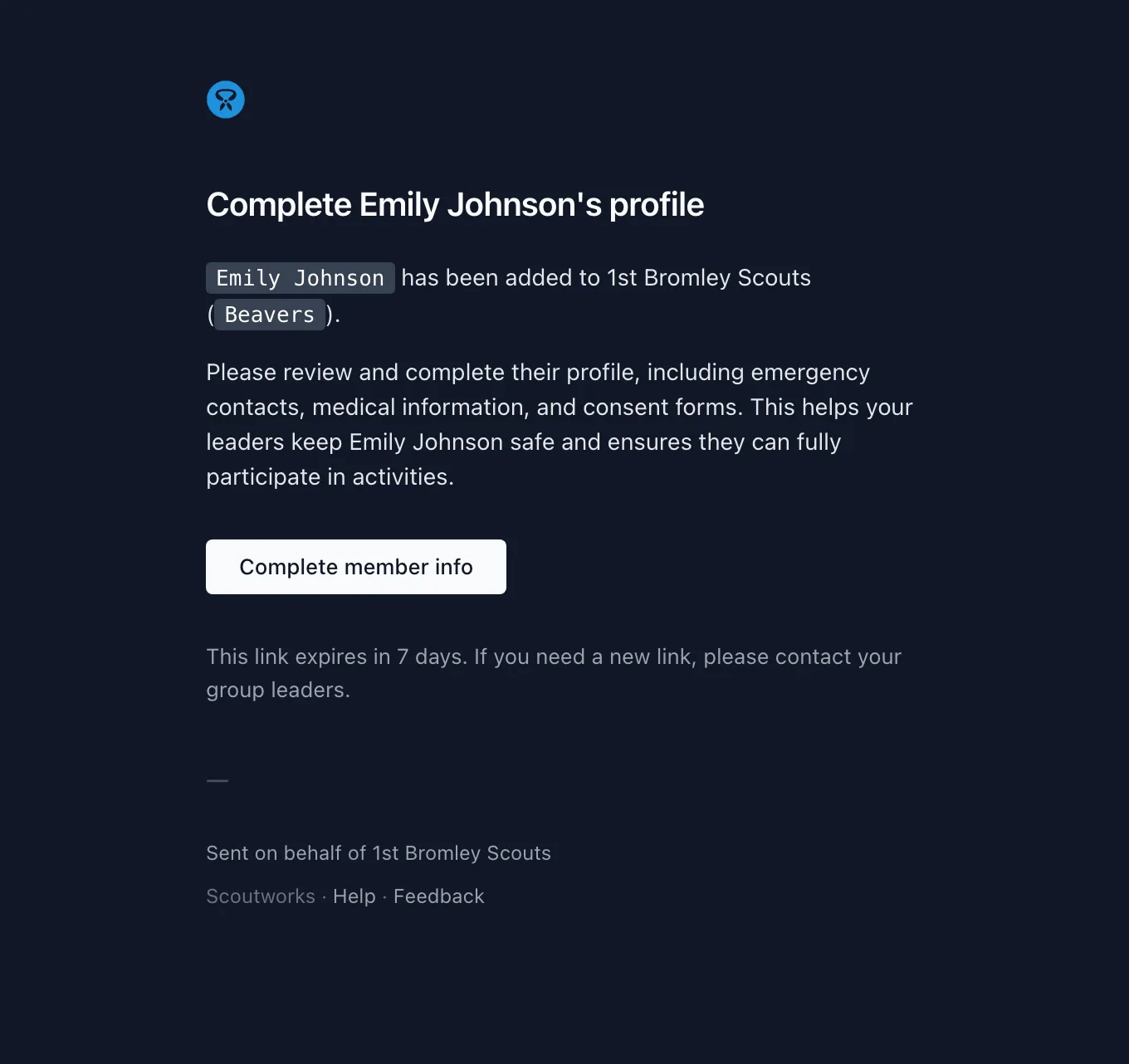 The complete-details request email with a button taking the parent straight to their child's record