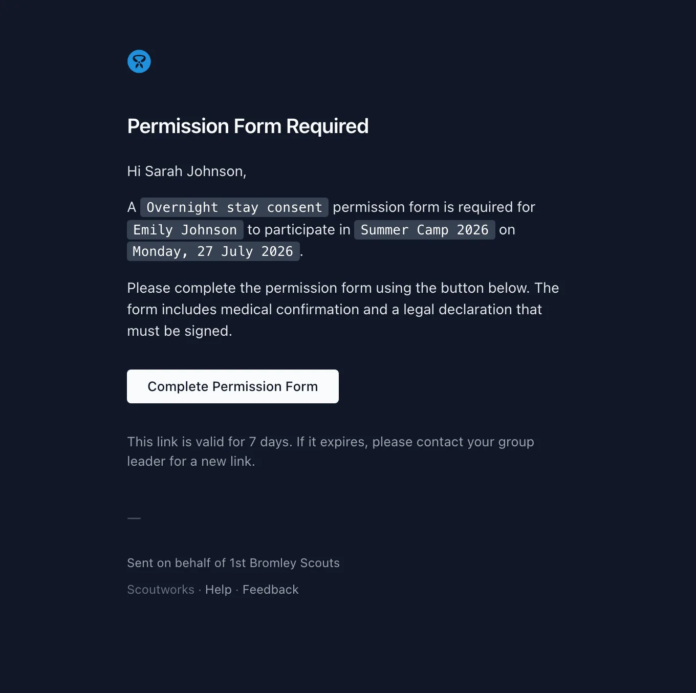The consent request email naming the event and consent type, with a button to complete the permission form