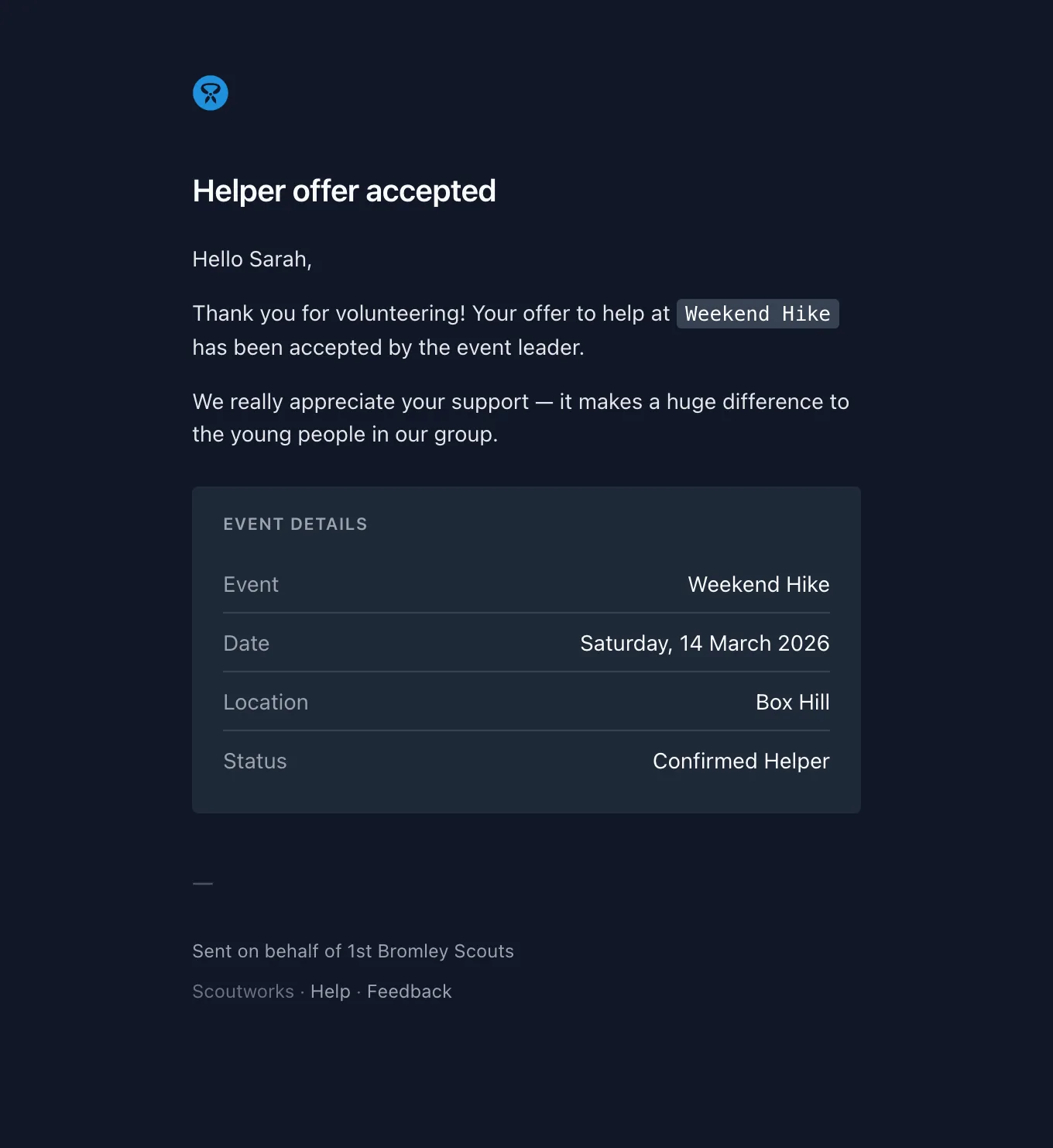 The helper accepted email thanking the parent and confirming the event, date, location, and their confirmed helper status