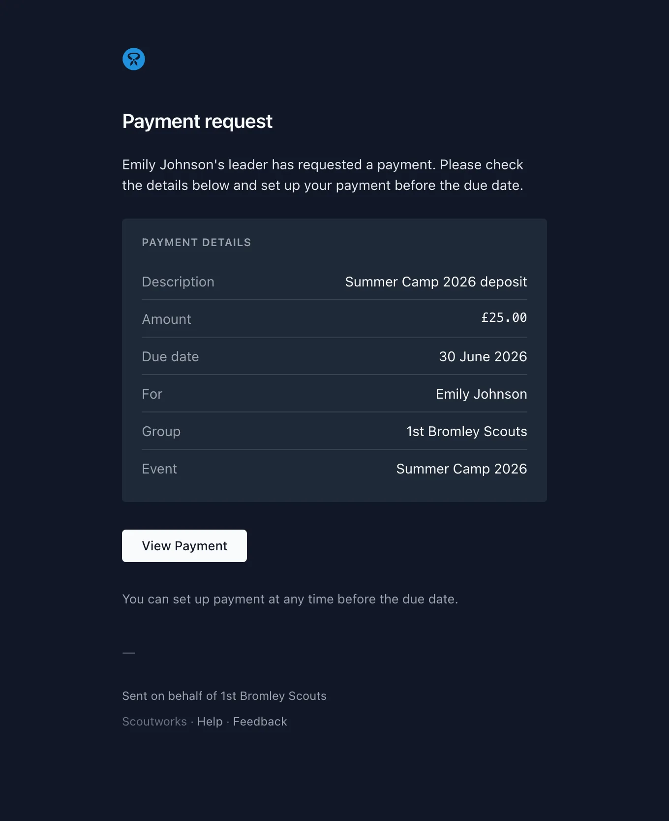The one-off payment request email showing the description, amount, and due date