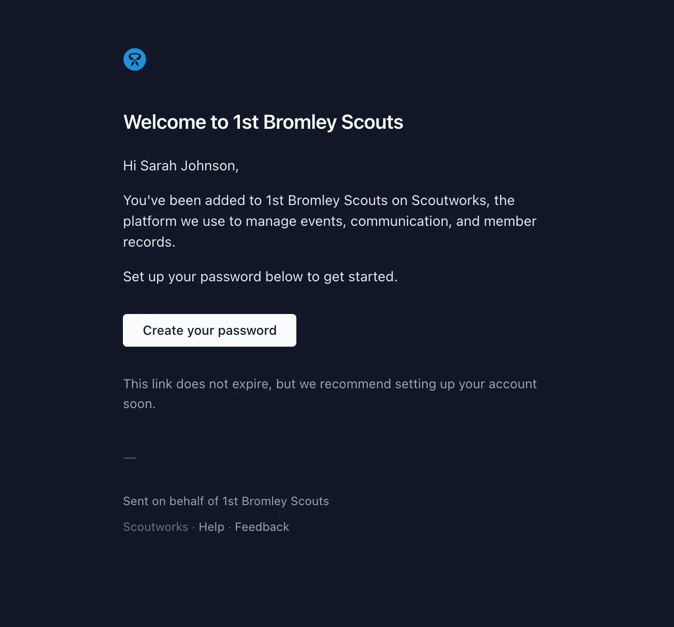 The parent welcome email, greeting the parent and inviting them to sign in to Scoutworks