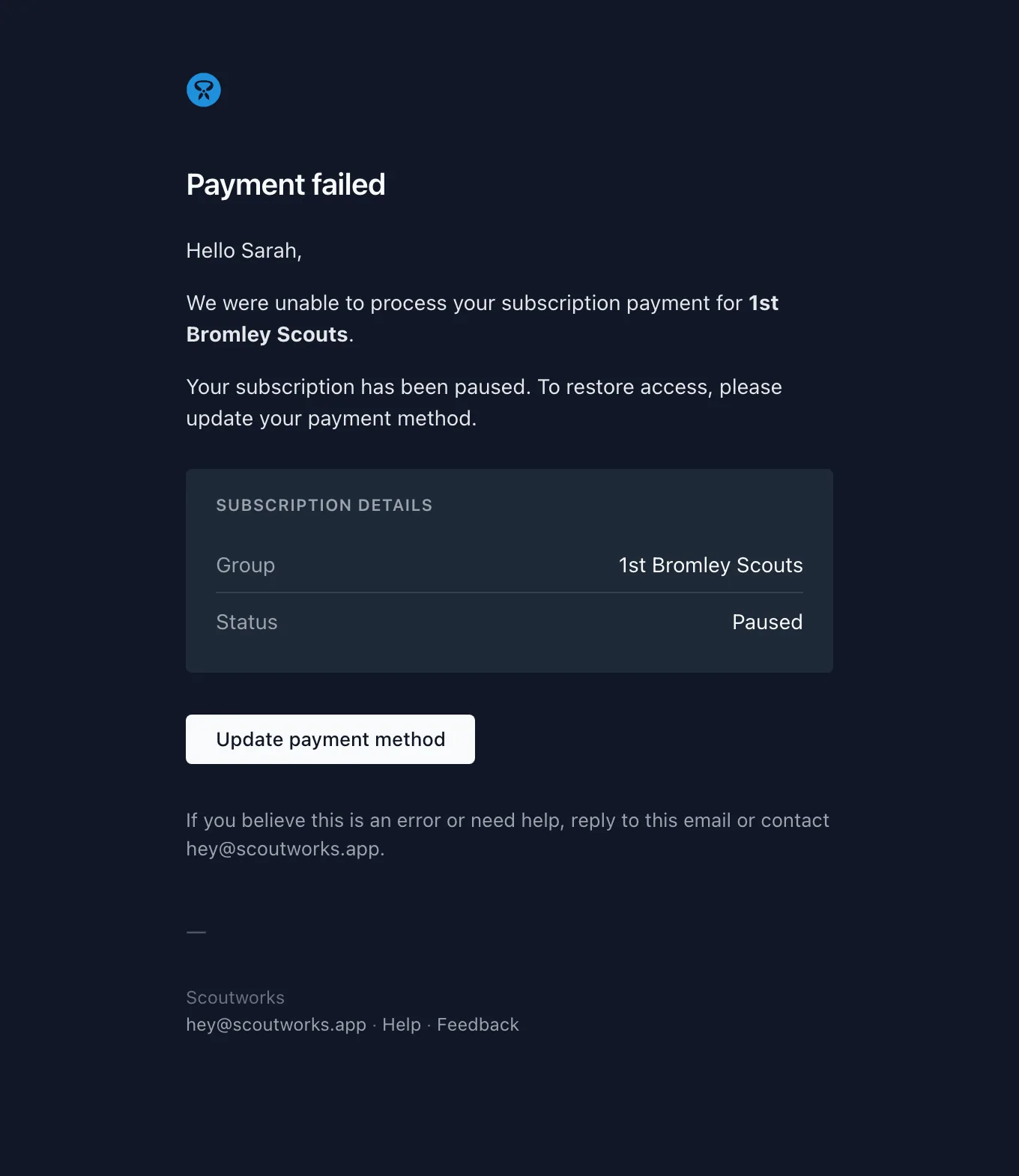 The payment failed email telling the parent what happened and linking them to their billing page