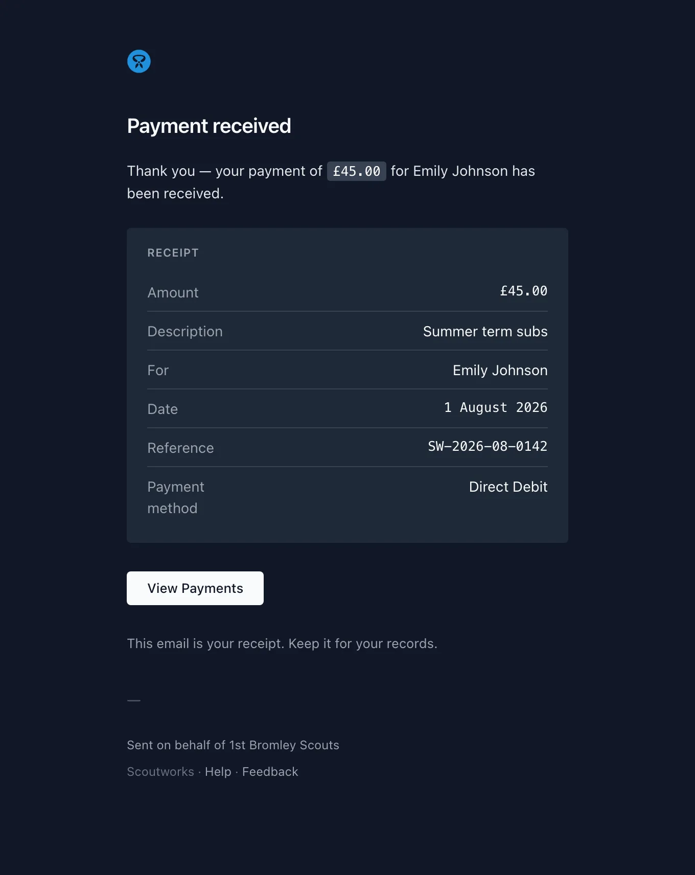 The payment receipt email with amount, description, date, and payment reference