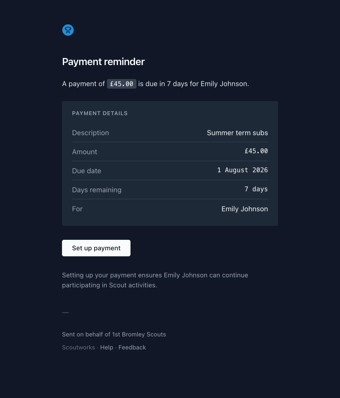 The payment reminder email showing what's due, how much, and when, with a payment button