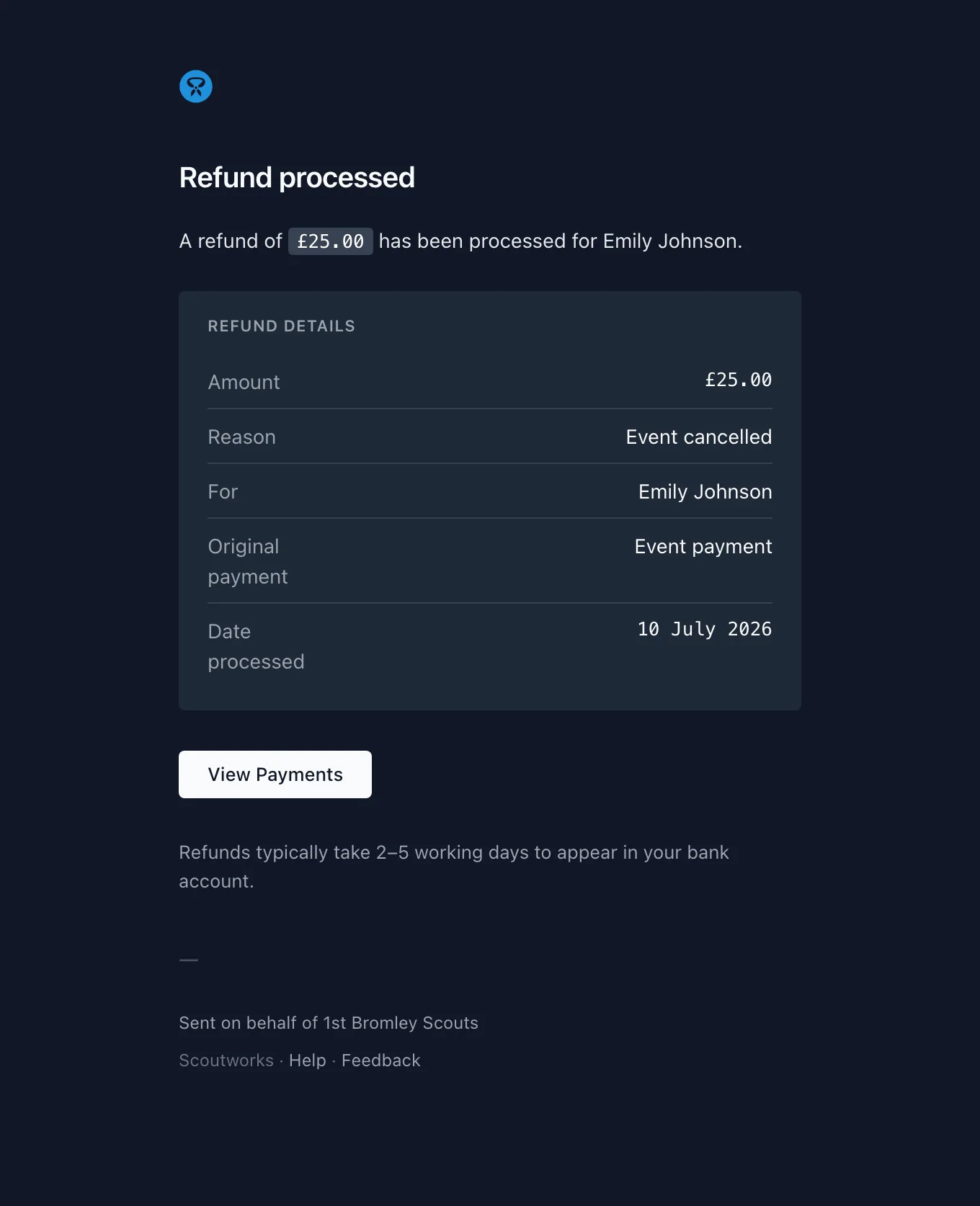 The refund notification email showing the refunded amount, reason, and processing date