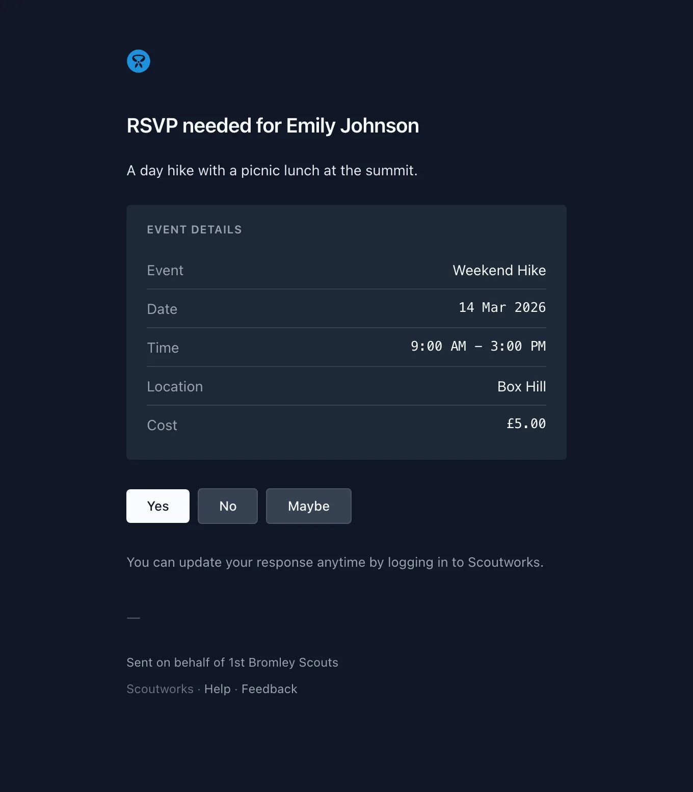 The RSVP request email showing event details — date, time, location, and cost — with Yes, No, and Maybe buttons