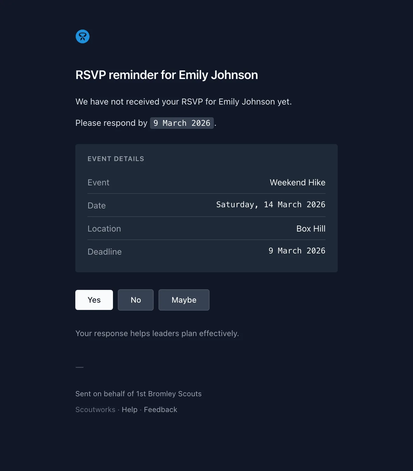 The RSVP reminder email showing the event summary and deadline, with Yes, No, and Maybe buttons