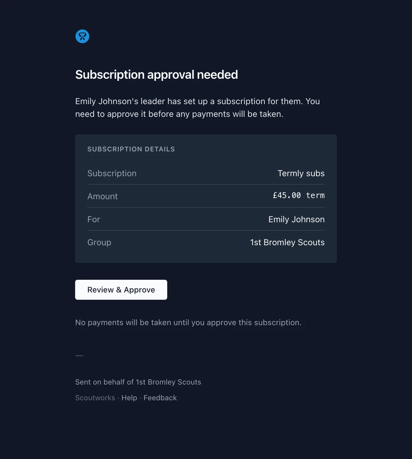 The subscription approval email showing the subscription name, amount, and collection interval, with an approve button