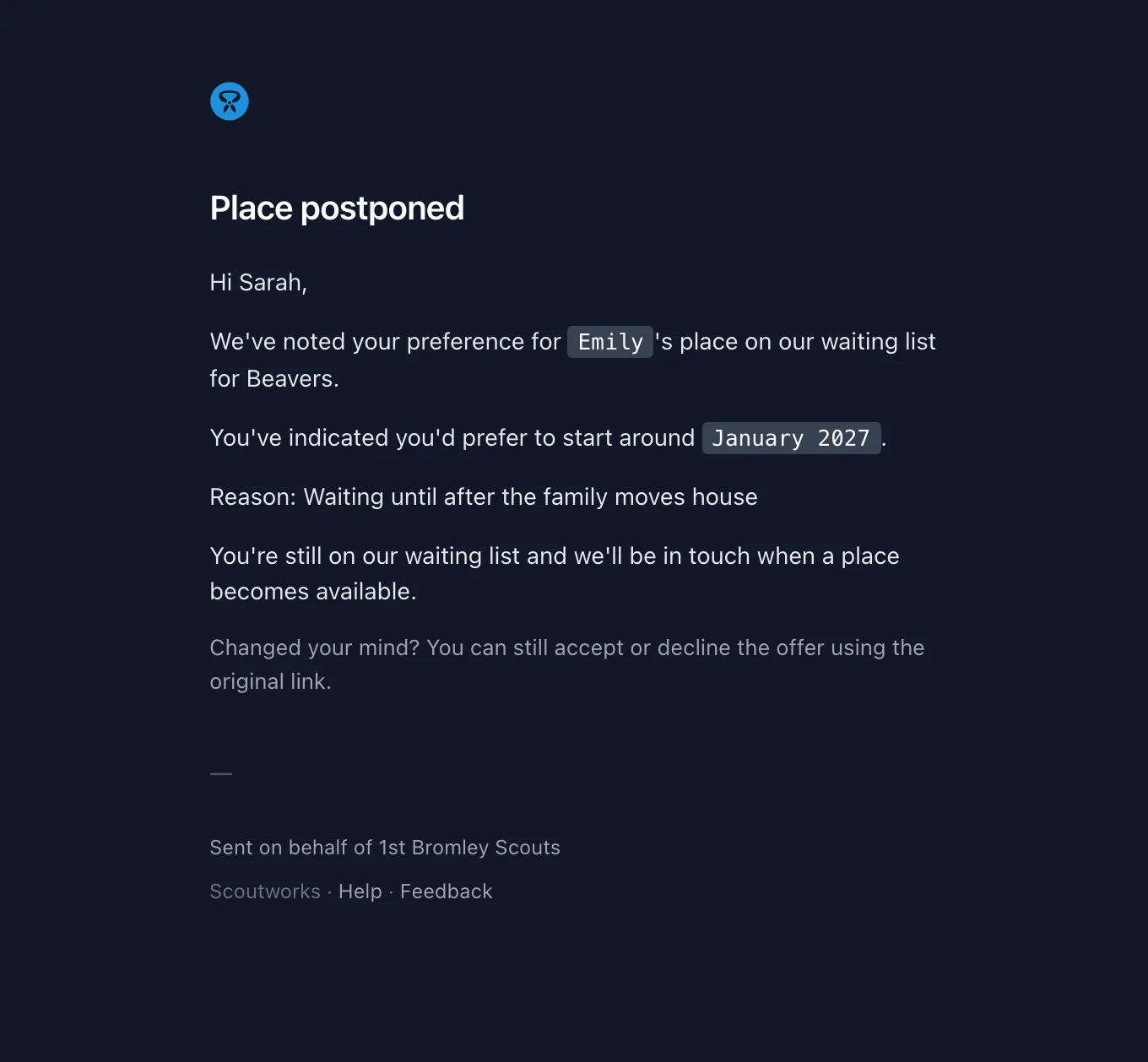 The deferral confirmation email confirming the child's place is postponed, with the preferred start date and reason