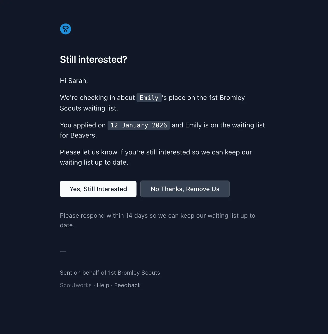 The interest check email asking the parent to confirm they're still interested or withdraw