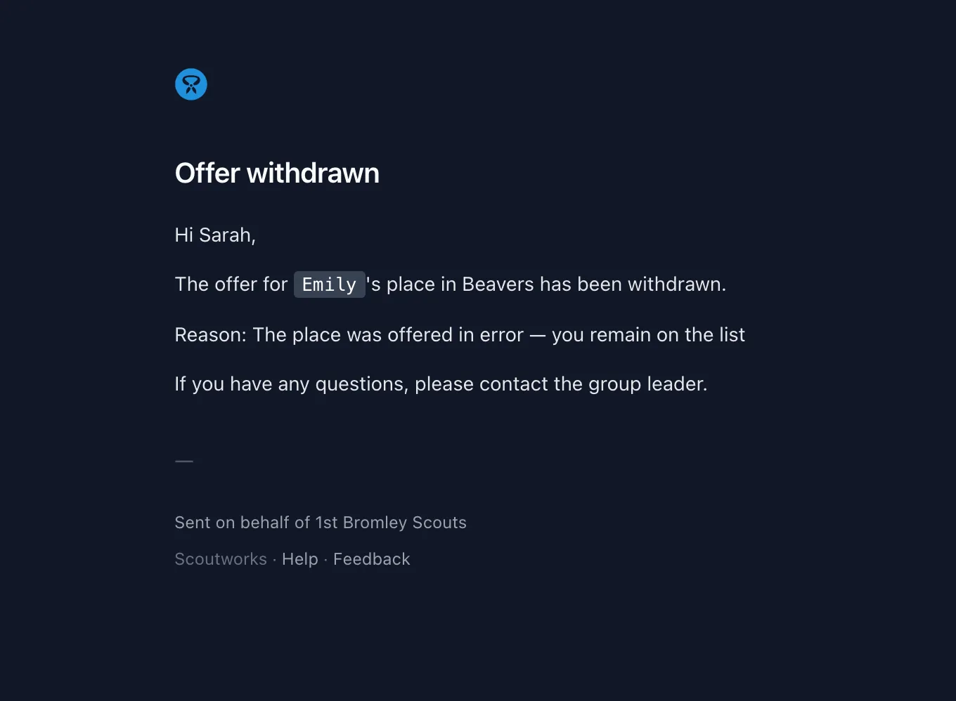 The offer revoked email letting the parent know the offer has been withdrawn and why