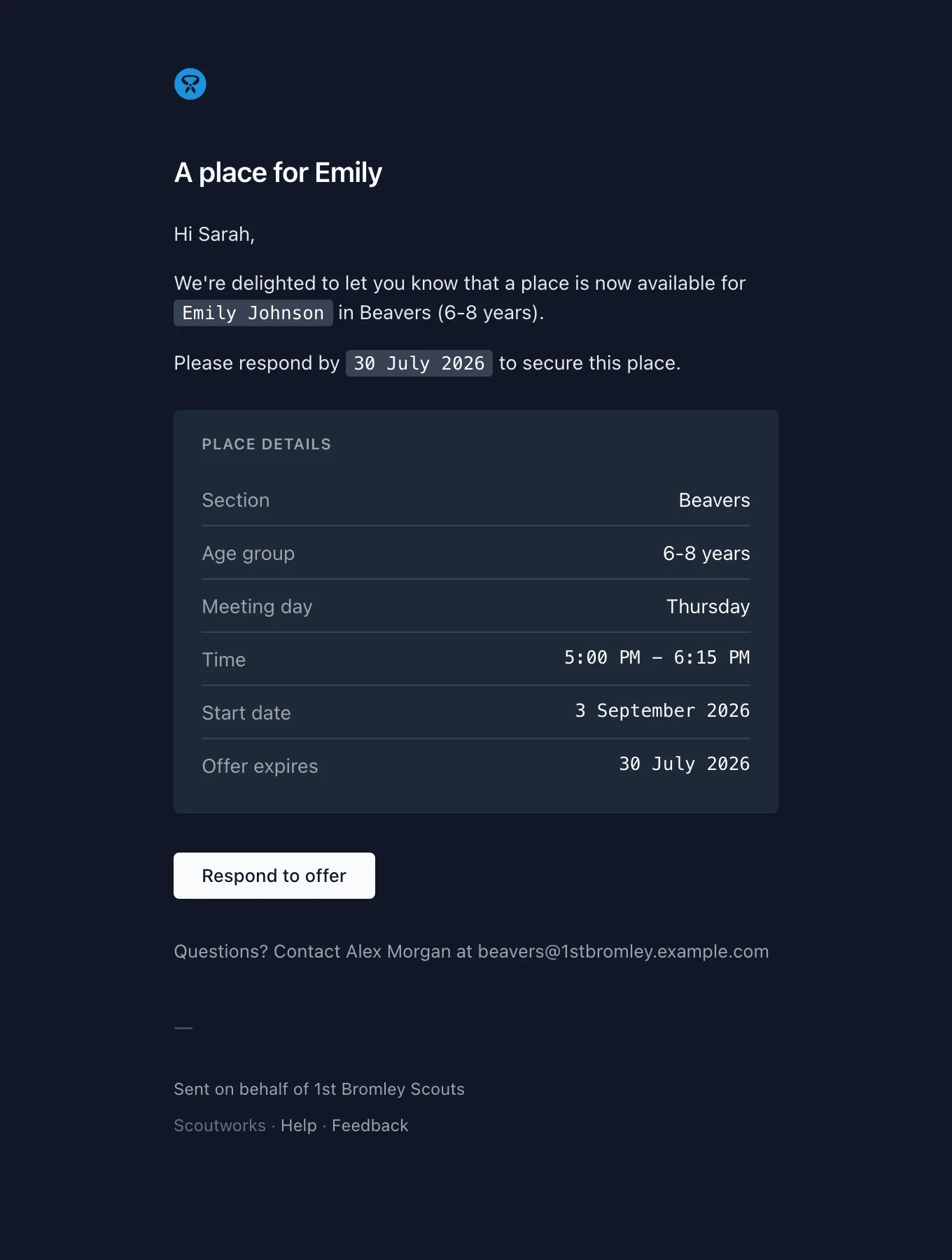 The place offer email showing full place details — section, age group, meeting day and time, start date, and offer expiry — with a respond button