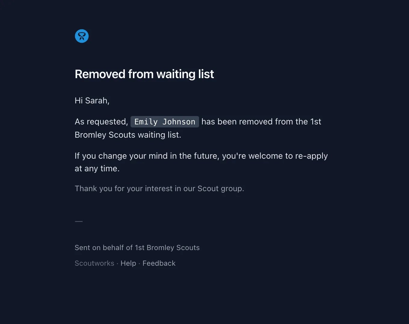 The withdrawal confirmation email confirming the child has been removed from the waiting list