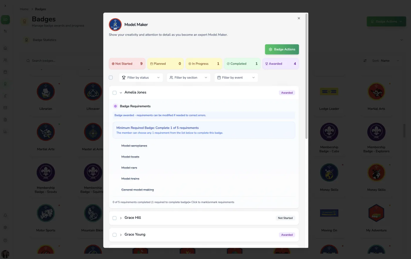 Scoutworks badge progress tracker showing Model Maker badge with member status, requirements checklist, and award tracking