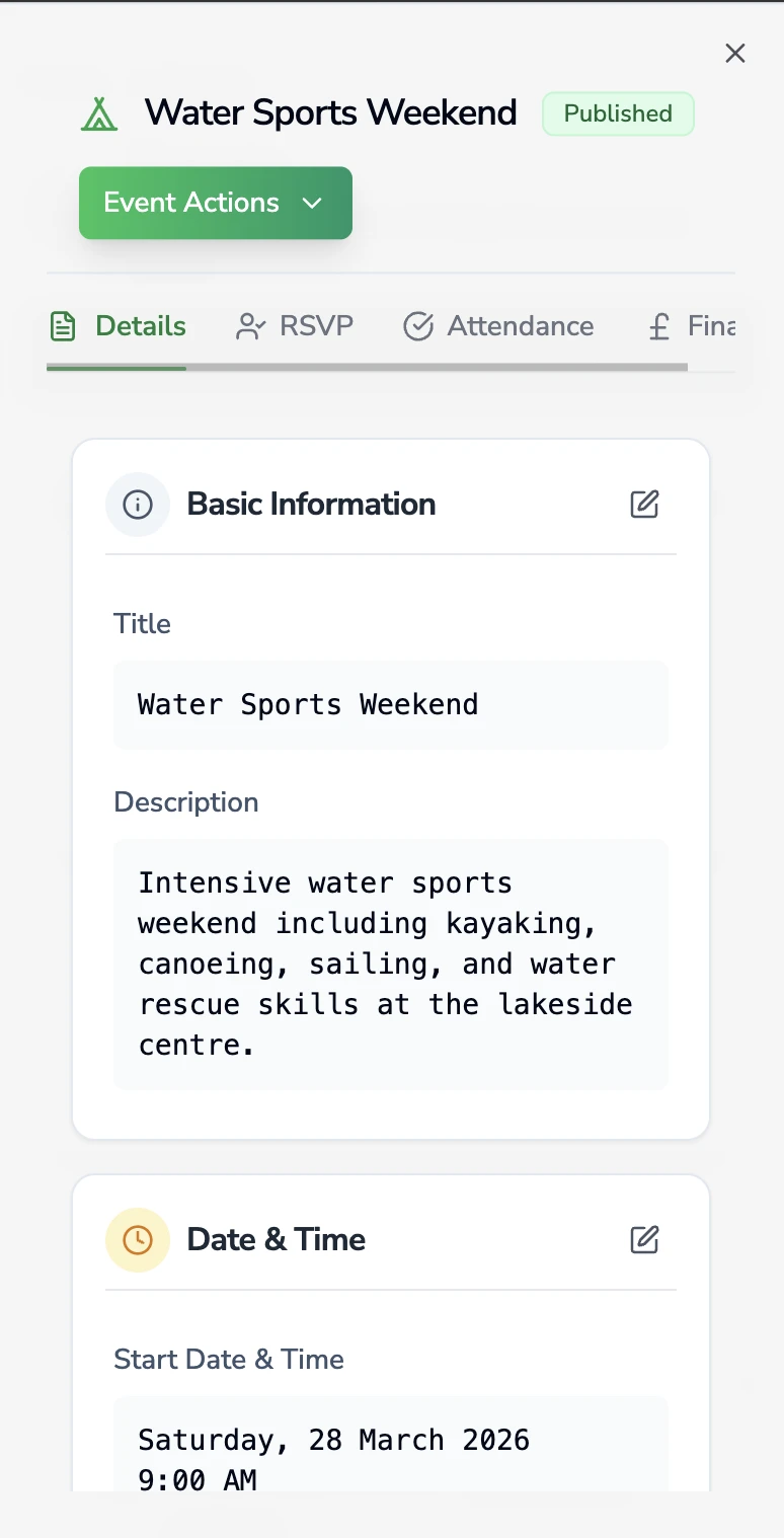 Scoutworks event detail on mobile showing Water Sports Weekend with basic information, description, and date and time sections