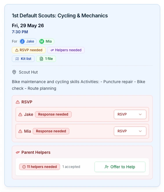 Scoutworks event card for 1st Default Scouts Cycling & Mechanics showing per-child RSVP rows for Jake and Mia and an 11-helpers-needed parent helper panel with Offer to Help action